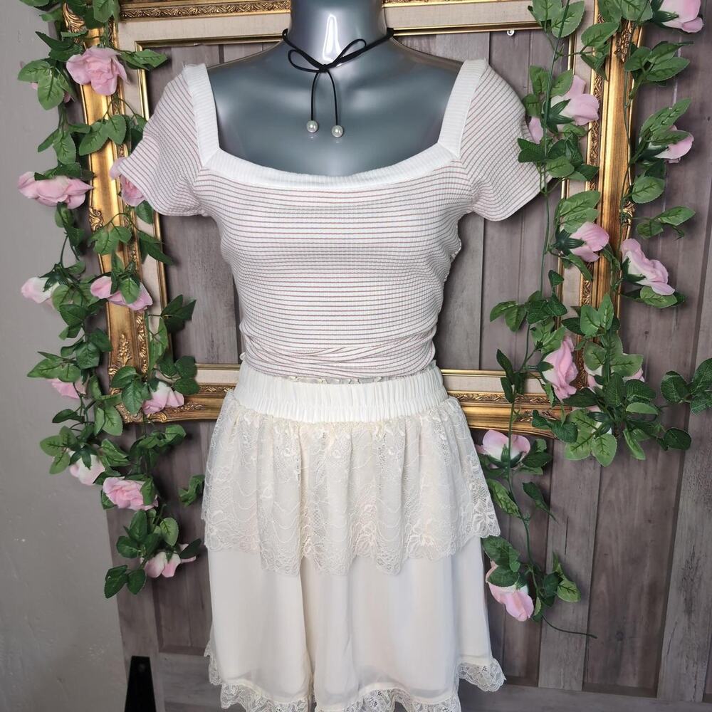 White pink striped square neck babydoll coquette top size large